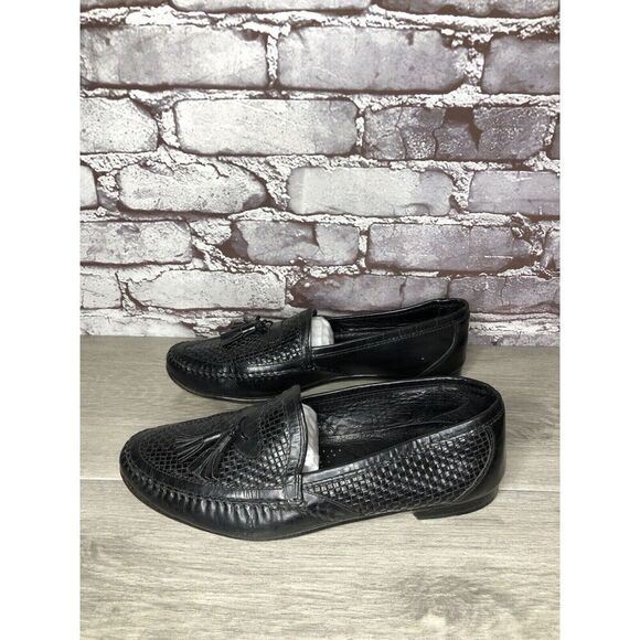 Santorini Black Leather BasketWeaves Woven Tassel Loafers Men’s Sz 9.5M US/43EU - Picture 1 of 16
